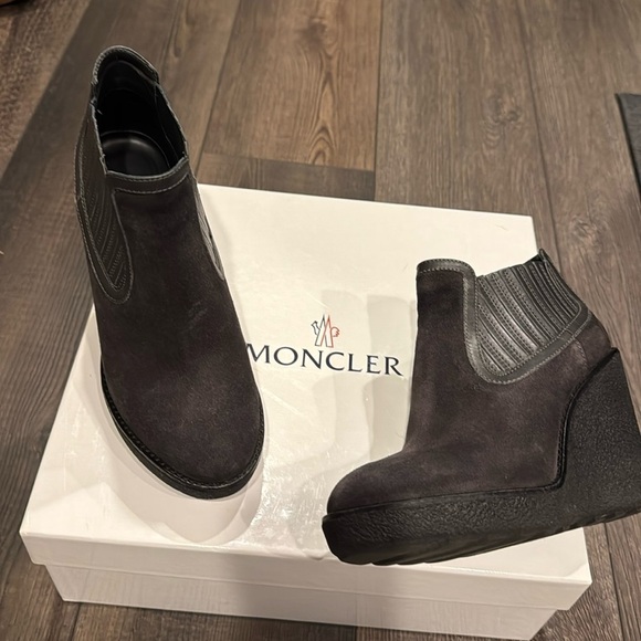 Moncler Shoes - Moncler black suede wedge ankle booties. Size 36 (6). Includes box.